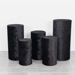 Set of 5 Black Crushed Velvet Cylinder Pedestal Stand Covers, Premium Pillar Prop Covers