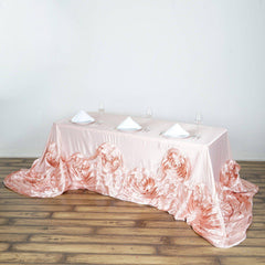 90"x156" Blush Seamless Large Rosette Rectangular Satin Tablecloth for 8 Foot Table With Floor-Length Drop
