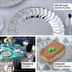 12-Pack Plastic Dinner Plates Silver Flared Rim - Durable Disposable Party Plates 9"