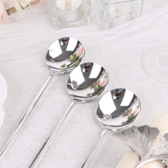 24-Pack Plastic Spoons Glossy Silver - Premium Heavy Duty Disposable Silverware 8"