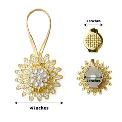 2 Pack 4" Gold Crystal Flower Magnetic Curtain Tie Backs, Backdrop Drapery Panel Buckle Clips
