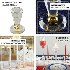 3" Tall Gemcut Premium Crystal Glass Taper Candlestick Holder Stand With Gold Metal Stem