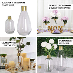 2-Pack Glass Flower Vases Teardrop Design Clear with Gold Metal Top - Stylish Event Table Centerpieces 14"