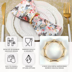 4 Pack Gold Metal Napkin Rings Bamboo Knuckle Style, Modern Serviette Holders - 2"