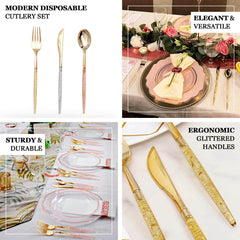24-Pack Plastic Cutlery Set Metallic Gold with Rose Gold Glitter - Stylish Disposable Silverware-Pack 8"