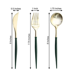 24-Pack Plastic Flatware Set in Metallic Gold with Hunter Emerald Green Handle - Heavy Duty Disposable Modern Silverware 8"