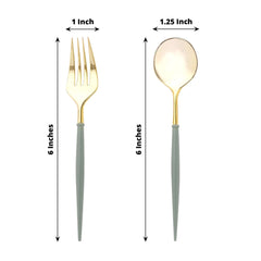 24-Pack Plastic Fork and Spoon Set Metallic Gold/Dusty Sage Green - Heavy Duty Disposable Modern Utensils 6"
