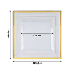 10 Pack 10" Gold Trim Clear Square Disposable Dinner Plates, Plastic Party Plates