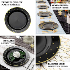 10 Pack 7.5" Black With Gold Dot Rim Plastic Dessert Plates, Round Salad Disposable Tableware Plates