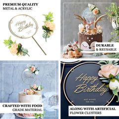 3 Pcs Happy Birthday Cake Toppers with Gold Metal Frames & Clear Acrylic Panels - Charming Reusable Cake Decorations with Stylish Silk Flower Accents