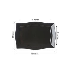 10-Pack Serving Plates Rectangular Design with Wave Trimmed Rim Glossy Black - Plastic Disposable Event Plates 12"