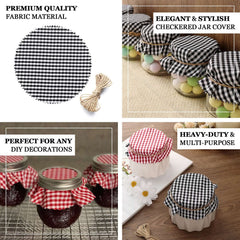 6 Pack 6" Black White Gingham Mason Jar Cloth Lid Covers, Checkered Jam Jar Covers with Jute String