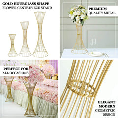 Metal Centerpiece Stand Gold Hourglass Trumpet Shape Design - Flower Open Frame Reversible Pedestal 24"