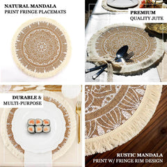 4-Pack Placemats Mandala Print Fringe Design Natural Jute and White Round - Rustic Burlap Tassel Style 15"