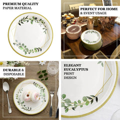 24-Pack Paper 9" Round Dinner Plates in White with Eucalyptus Leaves & Gold Rim - Disposable 300GSM Party Plates for Modern & Nature-Inspired Events