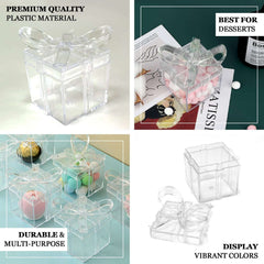 12 Pack 3" Square Clear Bow Top Plastic Party Favor Boxes, Transparent Candy Container Gift Boxes