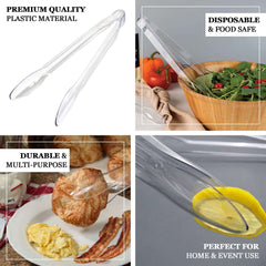 3-Pack Plastic Serving Tongs Clear - Durable Disposable Food Service Tongs for Salad Bars Dessert Tables Buffets12"