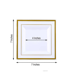 10-Pack Plastic Salad Dessert Plates White Square with Gold Trim - Durable Disposable Appetizer Plates 7"