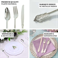 24 Pcs Plastic Silverware Set in Baroque Style Metallic Silver - Heavy Duty Disposable Knife, Fork, and Spoon Set