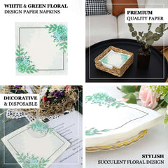 20-Pack Paper Dinner Napkins with Floral Design White/Green - Disposable 2 Ply Beverage Napkins 13"x13"