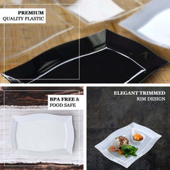10-Pack Serving Plates Rectangular Design with Wave Trimmed Rim Glossy White - Plastic Disposable Event Plates 12"