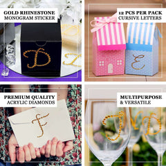 12 Pack 1.5" Gold Rhinestone Monogram Letter Jewel Sticker Self Adhesive DIY Diamond Decor - T