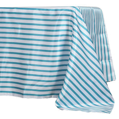 Satin 60"x126" Rectangle Tablecloth White/Turquoise - Stripe Design with Smooth Finish Table Cover