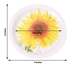 25-Pack Paper 9" Round Dinner Plates in White with Sunflower Design - Disposable Party Plates for Rustic Events & Garden Themes