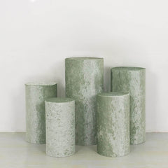Set of 5 Sage Green Crushed Velvet Cylinder Pedestal Stand Covers, Premium Pillar Prop Covers