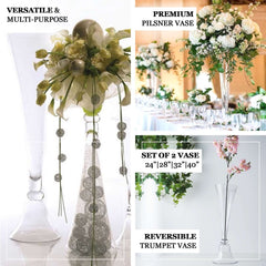 Set of 2 Glass Trumpet Vases Reversible Clarinet Style Clear - Decorative Flower Centerpieces for Events 28"