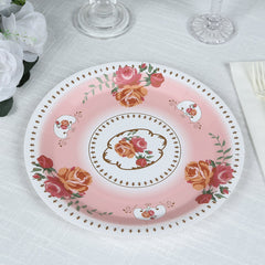 25-Pack Paper 9" Round Dinner Plates in Dusty Rose with Vintage Rose Flower Print - Disposable Plates