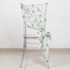 5 Pack Polyester Chair Sashes Dusty Sage Green French Toile Floral Design - Stylish Durable and Reusable Chair Bows 6"x108"