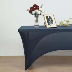 Stretch Spandex 96"x30" Rectangle Table Cover Navy Blue with Curved Open Back Design Tailored Professional Look
