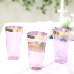 12-Pack Plastic Party Cups Transparent Purple with Gold Rim - Durable Disposable Tumblers for Drinks 17oz 5.5"