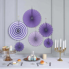 Set of 6 Purple Hanging Paper Fan Decorations, Pinwheel Wall Backdrop Party Kit - 8", 12", 16"
