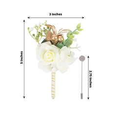 2 Pack White Artificial Rose Boutonniere With Pin, 5" Real Touch Silk Flower Pocket Square