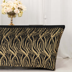 Sequin Stretch Spandex 72"x30" Rectangle Tablecloth Black/Gold Wave Embroidered Design Four-Way Stretch Shimmering Table Cover for Luxe Event Decor