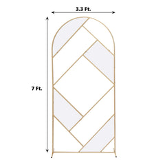 7ft Tall Gold Metal Round Top Geometric Flower Frame Prop Stand, Rectangular Wedding Backdrop Floor Stand With Cloudy Film Insert