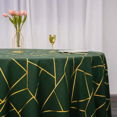 Polyester 120" Round Tablecloth Hunter with Gold Foil Geometric Pattern Wrinkle-Resistant Seamless Table Cover