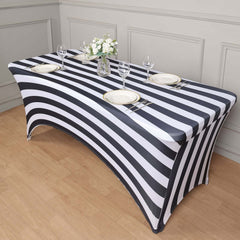 Stretch Spandex 72"x30" Rectangle Tablecloth Black/White Vertical Stripes - Durable Form-Fitting Table Cover for Events & Presentations