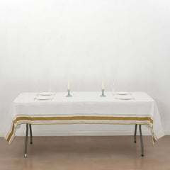 Paper Linen-Like Tablecloth Rectangle White with Gold Striped Border - Decorative Disposable Cover for Events 50"x108"