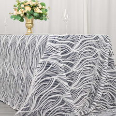 Mesh 90"x156" Rectangle Tablecloth White Black - Wave Sequin Embroidered Table Cover