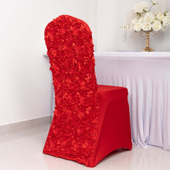 Satin Rosette Chair Cover for Banquet Chairs Red - Stretch Fitted Slip-On Slipcover