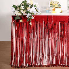 Metallic Foil Fringe Table Skirt Red with Self Adhesive Backing - Durable Tinsel Skirt for Parties 30"x9ft