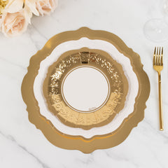 75 Pcs Paper Charger Plates with Gold Embossed Scalloped Rim White - Heavy Duty Disposable Dinner and Salad Plates 8",10",13"