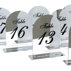 Silver Mirror Arch Acrylic Table Numbers (11-20) - 6"x7" Wedding Reception Signs with Black Print & Stands