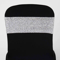 5 Pack Metallic Shimmer Tinsel Spandex Chair Sashes Silver - Durable and Reusable Stretch Chair Bands