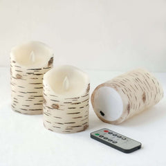 Set of 3 LED Flameless Pillar Candles Burnt Birch Bark Design Warm White - Battery Operated with Remote