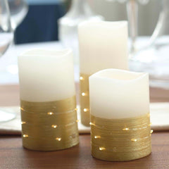 Set of 3 LED Flameless Pillar Candles Wrapped with Fairy String Lights Gold - Remote Operated 4", 5", 6"
