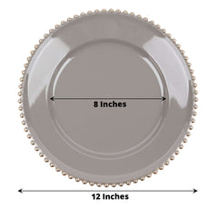 6-Pack Acrylic Round Charger Plates 13" in Charcoal Gray with Gold Beaded Rim, Decorative Dinner Party Charger Tableware